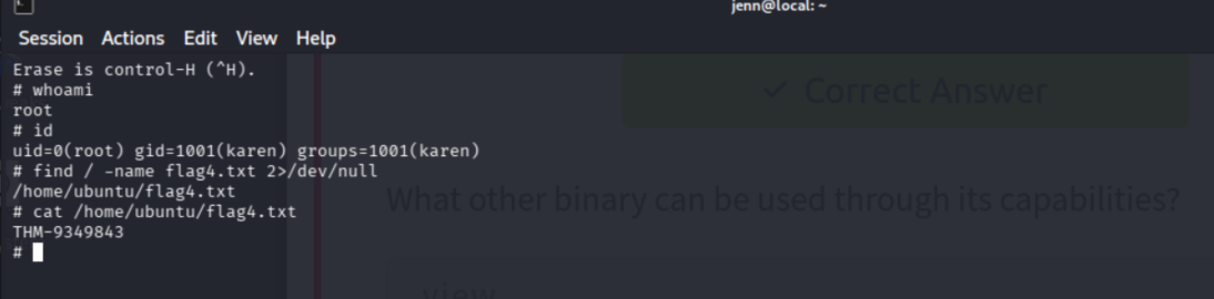 getcap output showing vim with cap_setuid+ep in Karen's home directory